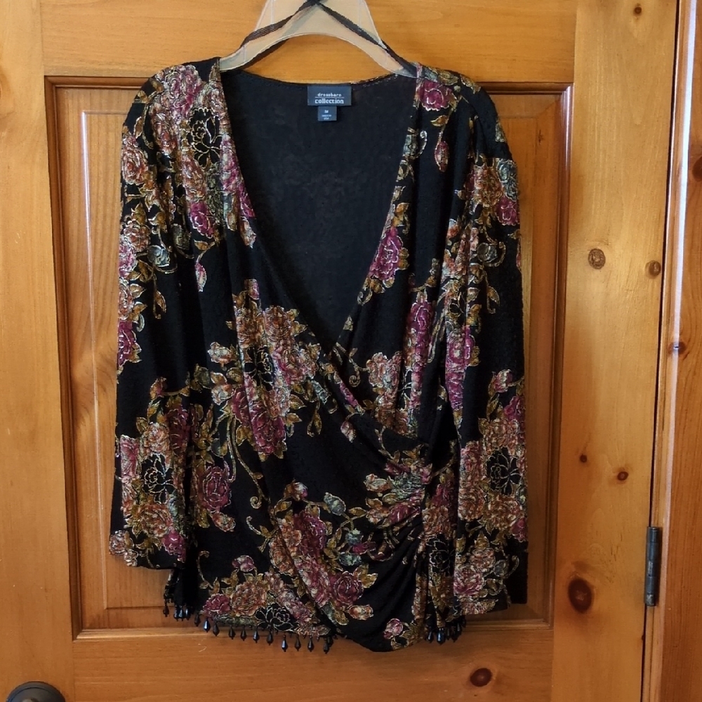 Floral Wrap Blouse with Beaded Hem, Medium
